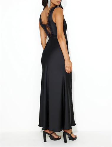 Image of BAGONE Summer Satin Lace V Neck Backless Wedding Guest Maxi Dresses for Women Elegant Sleeveless Open Back Cocktail Dress