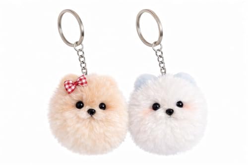 2 Pcs Pom Pom Pomeranian Fluffy Keychain for Women & Teens