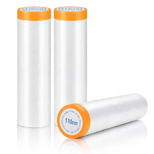 Cieex Abdeckfolie mit Klebeband Insgesamt 60 meter Maler Abdeckfolie Transparent Selbstklebende Malerfolie Goldband Masker Tape und Malerkrepp zur Staubschutz3 Rollen)