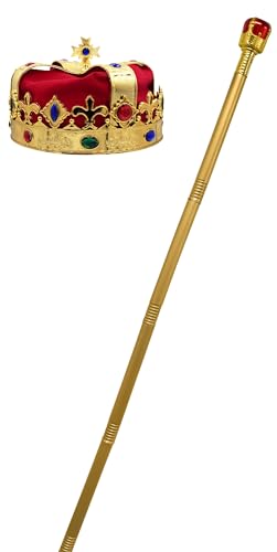 Nicky Bigs Novelties Adult Medieval Royal King Crown and Scepter Set Queen Regal Staff Jeweled Gold Hat Halloween Wiseman Costume Accessory