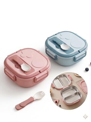 Marmita Termica Infantil com Divisorias em aço inoxidável à prova de vazamentos + Garfo, Design Moderno, Recipiente para Alimentos, Lancheira Escolar (Azul)
