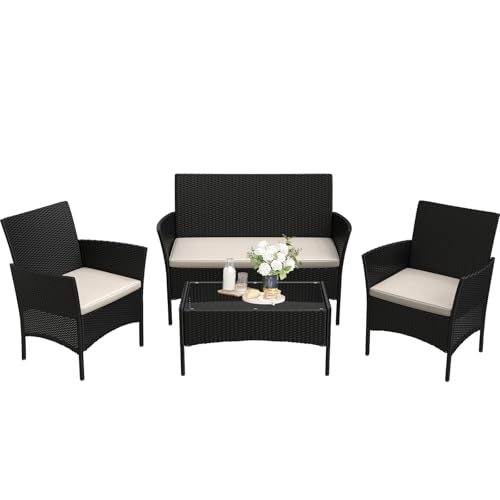 bigzzia Salon de Jardin Meubles de Jardin en Résine Tressée 4 Personnes avec 2 Fauteuils, 1 Canapé 2 Places et 1 Table (Noir)