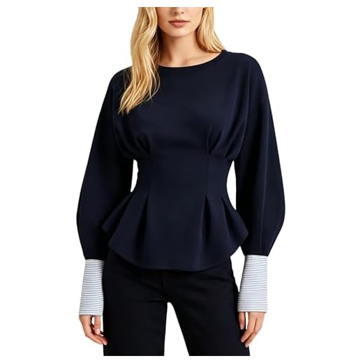 Bozanly Women's Cinch Waist Peplum Sweatshirt Crew Neck Balloon Sleeve Babydoll Pullover Tops(1074-Navy-L)