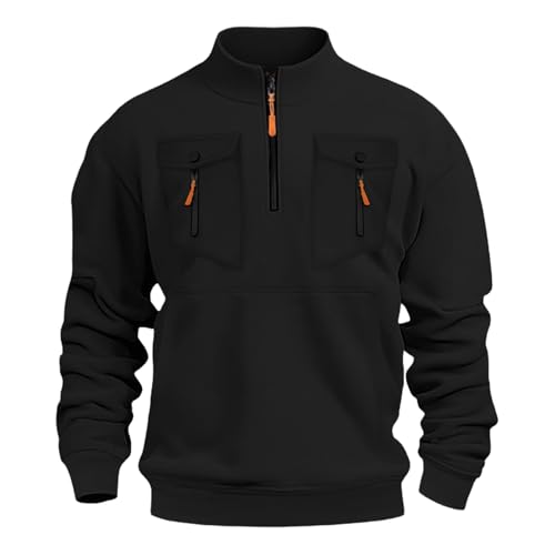 Generisch Pull pour homme sans capuche, pull de travail d'hiver en polaire, pull d'hiver à col montant sweat-shirt avec multi-poches à manches longues uni...