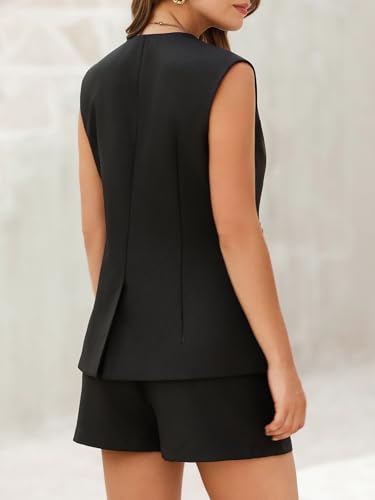 Tankaneo Womens 2 Piece Outfits Casual Suit Sets Sleeveless Button Down Blazer Vest Shorts Office Business Matching Set4