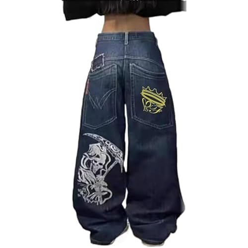 Hombre Jeans Holgados Y2K Vintage Estampado Pantalones Mezclilla Hombres Hip Hop Streetwear Adolescentes Chico Pierna Recta Skateboard Ropa(B,Small)
