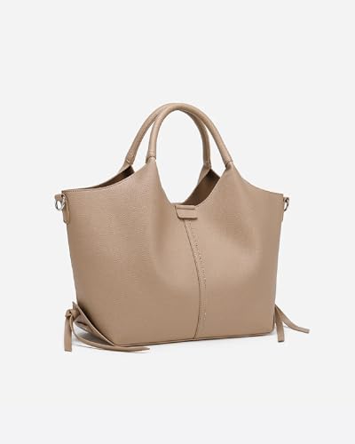 Image of NEWBELLA Women's Vegan Leather Tote Bag 2-Piece Set, Fashion Top Handle Purse with Buckle Design, Solid Color Shoulder Bag for Work, Travel & Daily Use (Apricot)