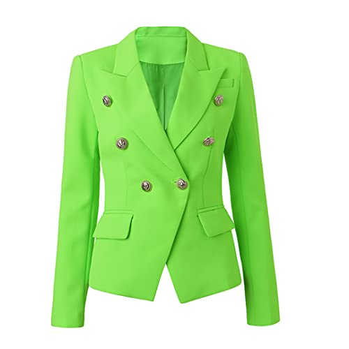 Elegant Women Gold Buttons Double Breasted Bodycon Fluorescent Green Female Blazer