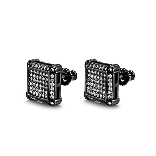 18K Gold Plated 925 Sterling Silver Iced Out Cubic Zirconia Screw Back Square Stud Earring For Men and Women Hypoallergenic Earring TwoTone Micropave Hip Hop Jewelry-Black