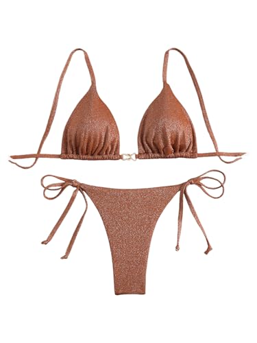 GORGLITTER Women's 2 Piece Glitter Cheeky Bikini Sets Backless Triangle High Cut String Thong Swimsuit