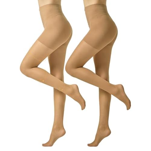 MANZI 30D & 50D Compression Stockings for Women Support Sheer Tights with Control Top Mild Shaping Pantyhose Medium 2 Pairs Natural Nude (30d+50d)