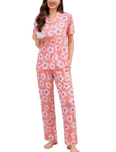 Image of SWOMOG Women Pajama Sets Two-Piece Nightwear Short Sleeve Sleepwear Button Down Pj Lounge Sets with Long Pants