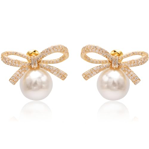 Clyhon New York Gold Ribbon Bow Knot Crystal Rhinestone White Pearl Stud Boucles d'oreilles