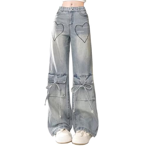 Fashion High Waist Baggy Jeans Y2K Heart Pattern Tie Cargo Pockets Casual Straight Leg Wide Leg Denim Pants