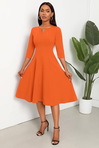 Image of Nmoder Midi Dresses for Women A-Line Fit and Flare Dress 3 /4 Sleeve V Neck Cocktail Wedding Guest Work Dress with Pockets
