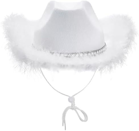 Mbiyhgta Cowgirl hoed met veer, sprankelende witte westerse Mbiyhgta Cowgirl hoed met veer, sprankelende witte westerse