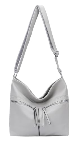 Damen Tasche Schultertasche Umhängetasche Crossbody Shopper Henkeltasche Crossover CrossBag Damentasche Reisetasche Beuteltasche City Bag Leder Optik Grau