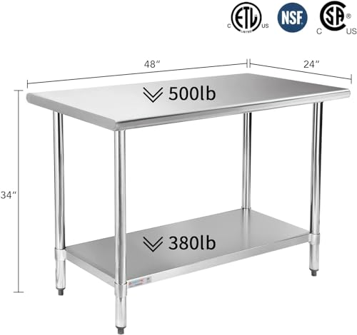 Image of STABLEINK NSF Stainless Steel Prep Table 48x24 Inches 4ft, Metal Work Table with Adjustable Undershelf, for Commercial Kitchen, Restaurant, Hotel, Laundry and Garage