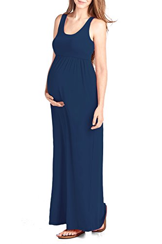 Image of Beachcoco Women's Maternity Long Dress – Sleeveless Empire Waist Pregnancy Basic Tank One Piece Baby Shower Photography PMT-DR-801-SOL NAV S Navy