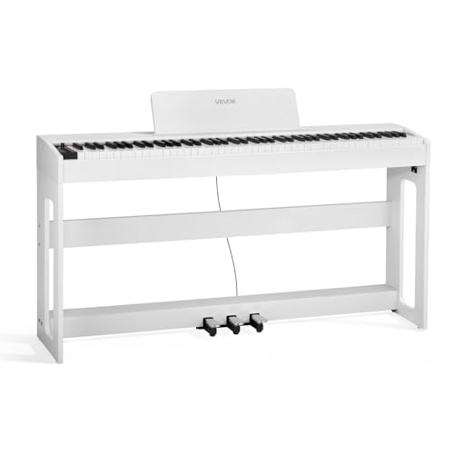 VEVOR Piano Digital 88 Teclas, Modo de Teclado Dual, Altavoces, con Atril, Soporte, Pedal de Sostenido, Adaptador CC, 280 Tonos, Conexión Inalámbrica, Principiantes, Blanco, 1310 x 300 x 850 mm