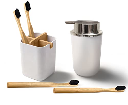 EDARTO® Bad-Zubehör-Set aus Bambus und Maisstärke. Nachhaltiges Badezimmerset besteht aus Lotion-, Seifenspender/Zahnbürstenhalter / 4 Zahnbürsten Cover