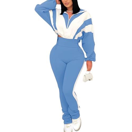 Remelon Womens 2 Piece Sweatsuits Color Block Long Sleeve Zipper Cropped Jacket Legging Pants Set Tracksuit Jogger Outfits