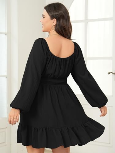 Womens Plus Size Dress Casual Long Lantern Sleeve Square Neck Textured Ruffle Flowy Ruched A-Line Mini Dresses for Women3
