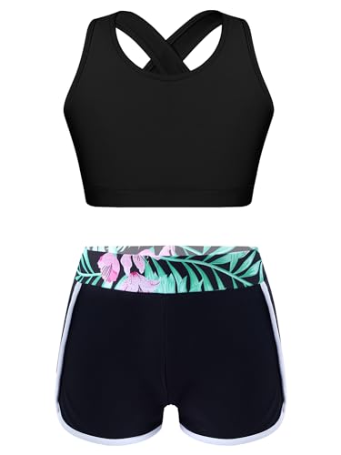 Freebily Kids Girls 2 Piece Athletic Tankini Set Sleeveless Criss Cross Tank Top with Shorts Outfits Swimming Swimsuit Costume Lily 13-14 Years
