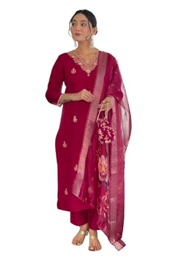 Image of Naixa Women's Viscose Embroidered Straight Kurta with Pant and Dupatta Sets (Available in Plus Size) (NX-674)