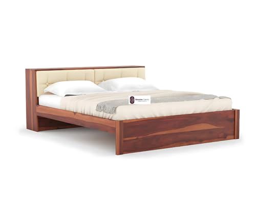Image of Sheesham Wood King Size Bed with Box Storage and Cream Upholstered Headboard Solid Wooden Double Bed Furniture for Bedroom (Honey, Headboard King 1)
