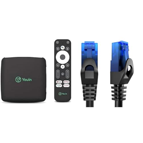 Engel Youin You-Box EN1040KX- TV Box Android TV 4K UHD - Asistente de Google y Chromecast Integrado - Producto Exclusivo, Negro & KabelDirekt – 1,5m – Cable de Ethernet y Cable de Parche/de Red