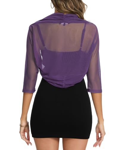 Image of MINTLIMIT Women's Elegant Sheer Mesh Shrug Bolero Batwing 3 /4 Sleeve Open Front Cropped Cardigan Shrugs for Evening Dress