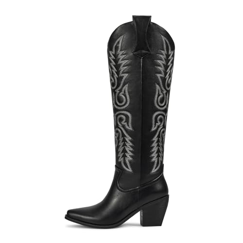 Image of wetkiss Women's Pointed Toe Cowboy Boots | Knee High Cowgirl Boots, Retro Embroidery, Chunky Heel, Pull-On, Style for a Classic Western Look,Stable and Comfortable