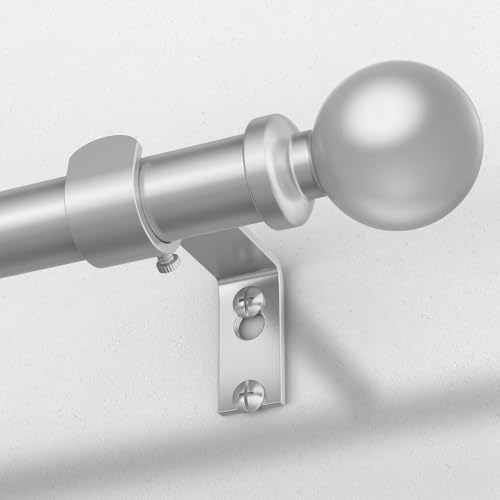 Silver Curtain Rods for Windows 30 to 56 Inch, Adjustable Heavy Duty 1" Diameter Decorative Curtain Rod with Silver Round Finials, Modern Easy Install Extendable Metal Drapery Pole Set