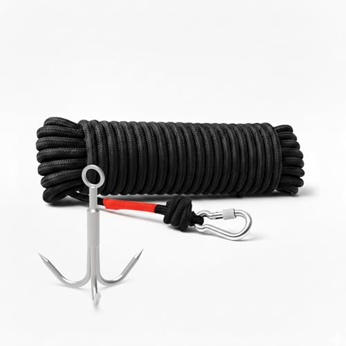 Ant Mag 3 Claw Grappling Hook with 6mm 20m Rope Heavy Duty Stainless Steel Carabiner for Outdoor Gear Retrieval Camping & Water Rescue Operations Small