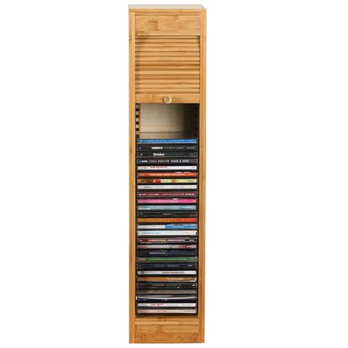 CD Holder Storage Rack, Natural Bamboo CD & DVD Display Shelf with Copper Handle, Desktop CD Jewel Cases Organizer for Home Office, Holds 40 CDs, 6.1 X 7.5 X 26.8 Inch