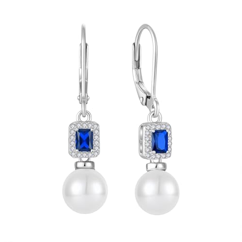 Pearl Drop Earrings Dangling 925 Sterling Silver Emerald Cut Leverback Earrings Birthstone Jewelry for Women - Main Image