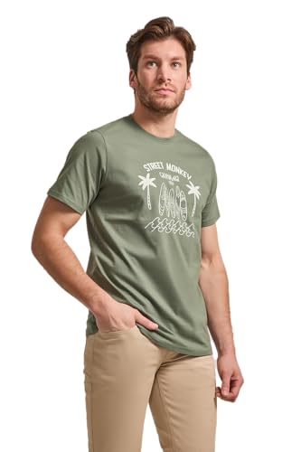 Street Monkey Camiseta Hombre Manga Corta, 100% Algodón Peinado Premium, Corte Regular, Estampado Surf con Palmeras y Olas, Verde Oliva Oscuro, Tallas S–XXL | Color: Verde Oscuro | Talla: S