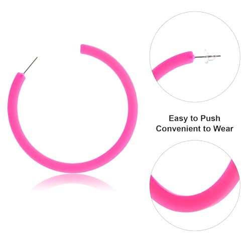 Hot Pink Hoop Earrings Retro Neon Pink Dangle Earrings 80s 90s Earrings for Women Colorful Large Hoop Earrings Acrylic C Shape Trendy Chunky Earrings Candy Color Lightweight Big Hoop Statement Earring4