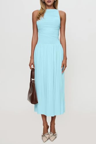 Image of Womens Summer Casual Midi Maxi Dress 2026 Sleeveless Ruched A Line Flowy Cocktail Wedding Guest Beach Long Sundress