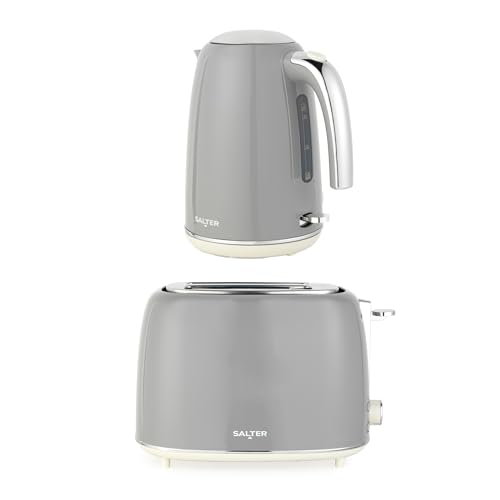 Salter Retro Kettle & 2-Slice Toaster Set 1.7L 3kW Jug Kettle with 360 Base Water Level Window 815W Wide Slot Toaster Plastic 6 Browning Levels Removable Crumb Tray Grey