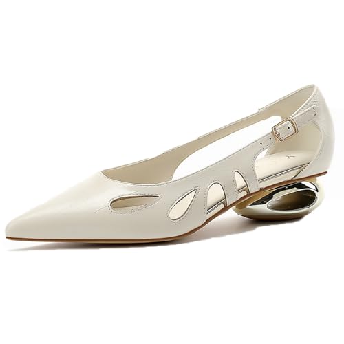 Women's Hollow Low Cone Heels Pumps Elegant Pointed Open Toe Slip-On with Side Adjustable Buckle Chunky Block Heel Dress Shoes for Wedding Parties Formal Occasions