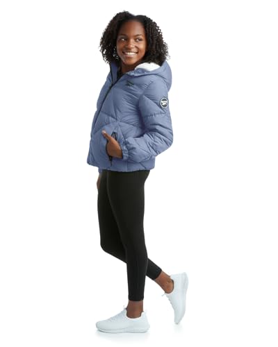 Image of Reebok Girls Heavyweight Quilted Cropped Puffer Parka with Sherpa Lining | Plush Faux-Fur Trim, Wind-Blocking Hood, Deep Pockets for Warm Hands, Modern Silhouette for School and Cold Days