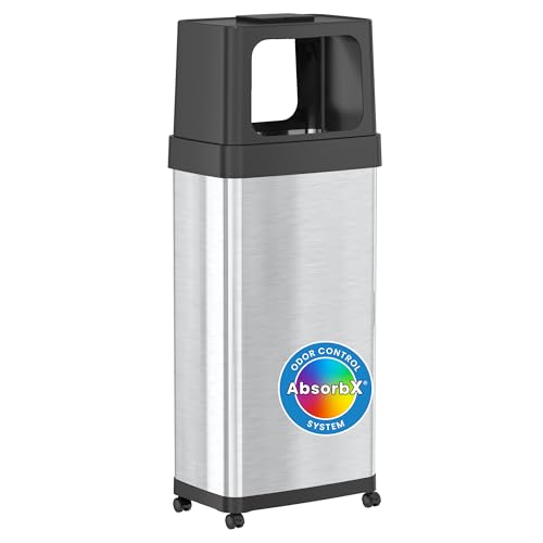 Image of iTouchless 24 Gallon Dual-Side Opening Trash Can with Odor Filter & Locking Wheels - Stainless Steel Commercial Garbage Bin for Restaurants, Kitchens, Offices, Lobbies & More