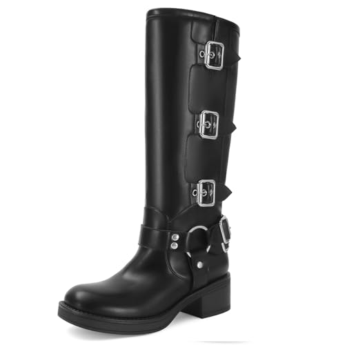 RJYLP Knee High Boots for Women Square Toe Wide Calf Pull On Riding Buckles Boots Chunky Low Heel Biker Riding Boots