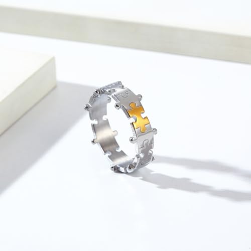 Image of Unisex 2 Colors Jigsaw Puzzle Couple Ring | Stainless Steel, Cool Splicing Shaped, Creative Hip Hop Matching Set, Wedding Band