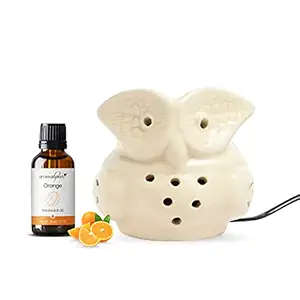 Aromahpure Brown Electric Ceramic Owl Design Diffuser 15 ml Fragrance Oil | Zesty Orange | Scented Diffuser | Elegant Diffuser for Home, Mandir, Office, Desk Decoratives, Gifting