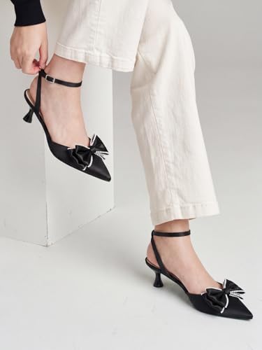Image of Coutgo Womens Satin Kitten Low Heels Bow Pearl Closed Pointed Toe Pumps Ankle Strap Wedding Dress Shoes