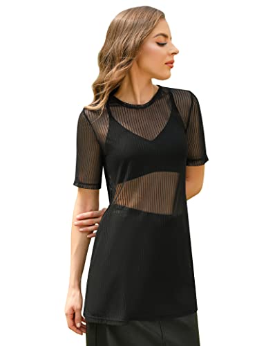 Gyabnw Damen Sommer Kleid Leichte Strandkleid Transparent Strandponcho Bikini Oberteil Cover Up Party Mesh Shirt Transparentes Top Netzshirt Schwarz-1XXL Cover