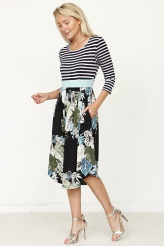 Image of Eloges Women's 3 /4 Sleeve Contrast Waist Band Floral Curved Hem Midi Dress